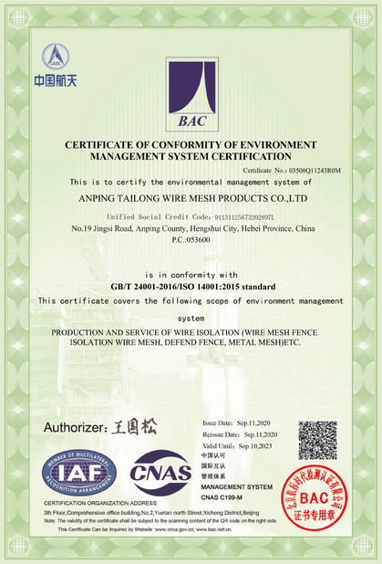 China Anping Tailong Wire Mesh Products Co., Ltd. certificaten